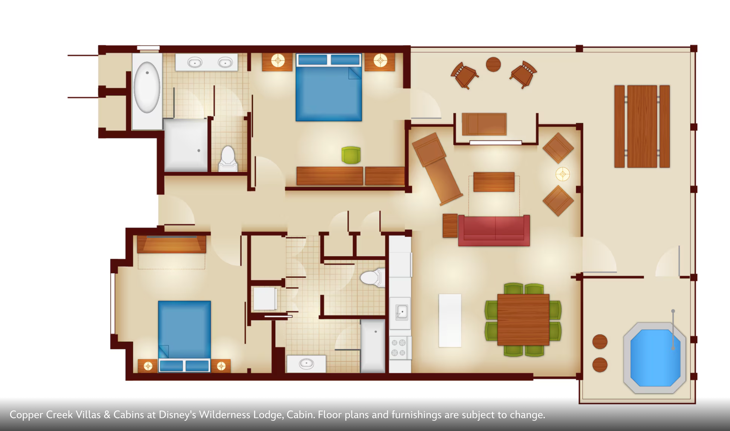 Floor plan of a deluxe two bedroom villa with living room, dining area, and multiple bathrooms.
