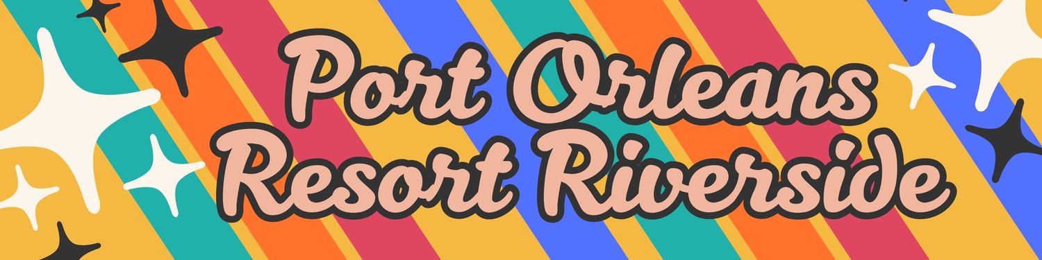 Port Orleans Resort Riverside text in pink retro lettering on abstract pattern background.
