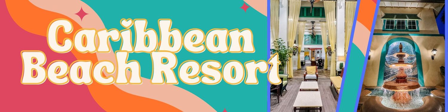 Vibrant pink and turquoise banner design featuring Caribbean resort amenities with colorful geometric shapes and text.