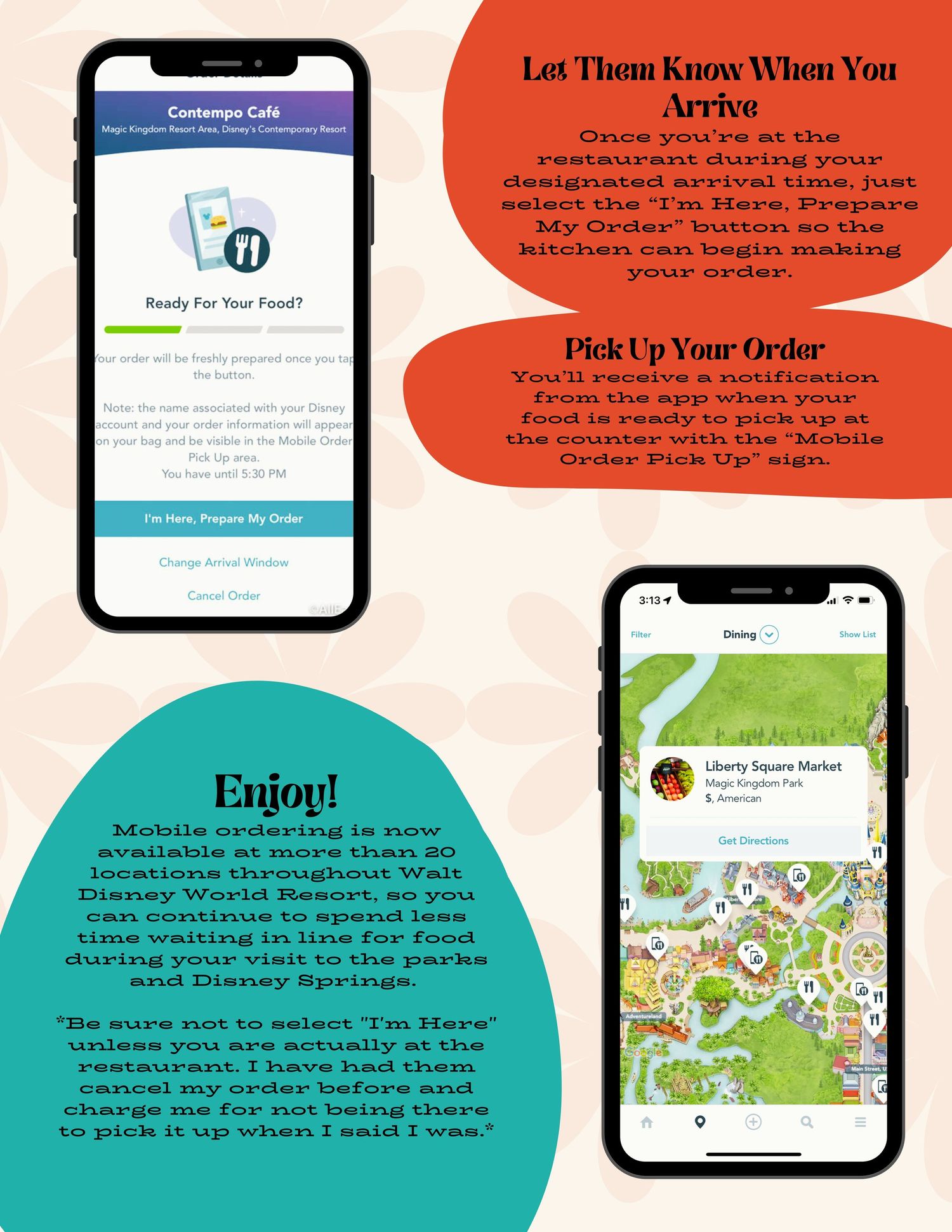 Step by step guide showing arrival and pickup instructions for mobile food ordering at Disney World restaurants.