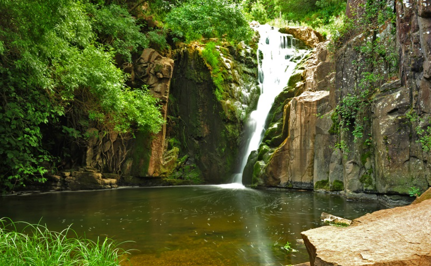 Series of cascading waterfalls in lush green forest setting with rocky outcrops.