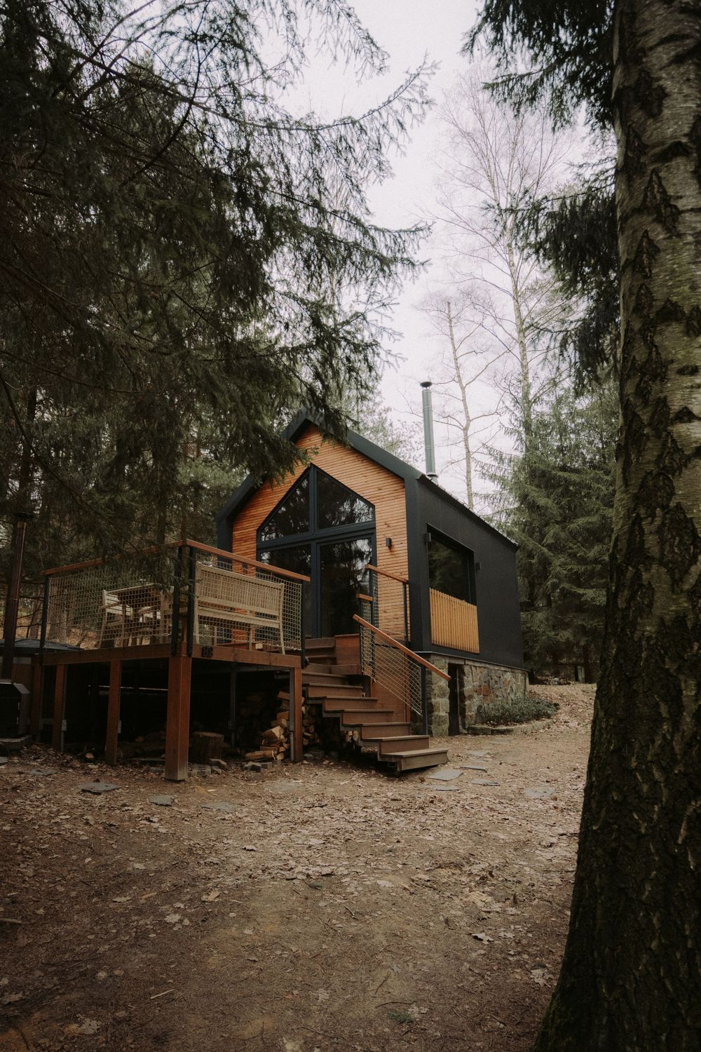 Modern black and wood cabin with elevated deck nestled among pine trees.