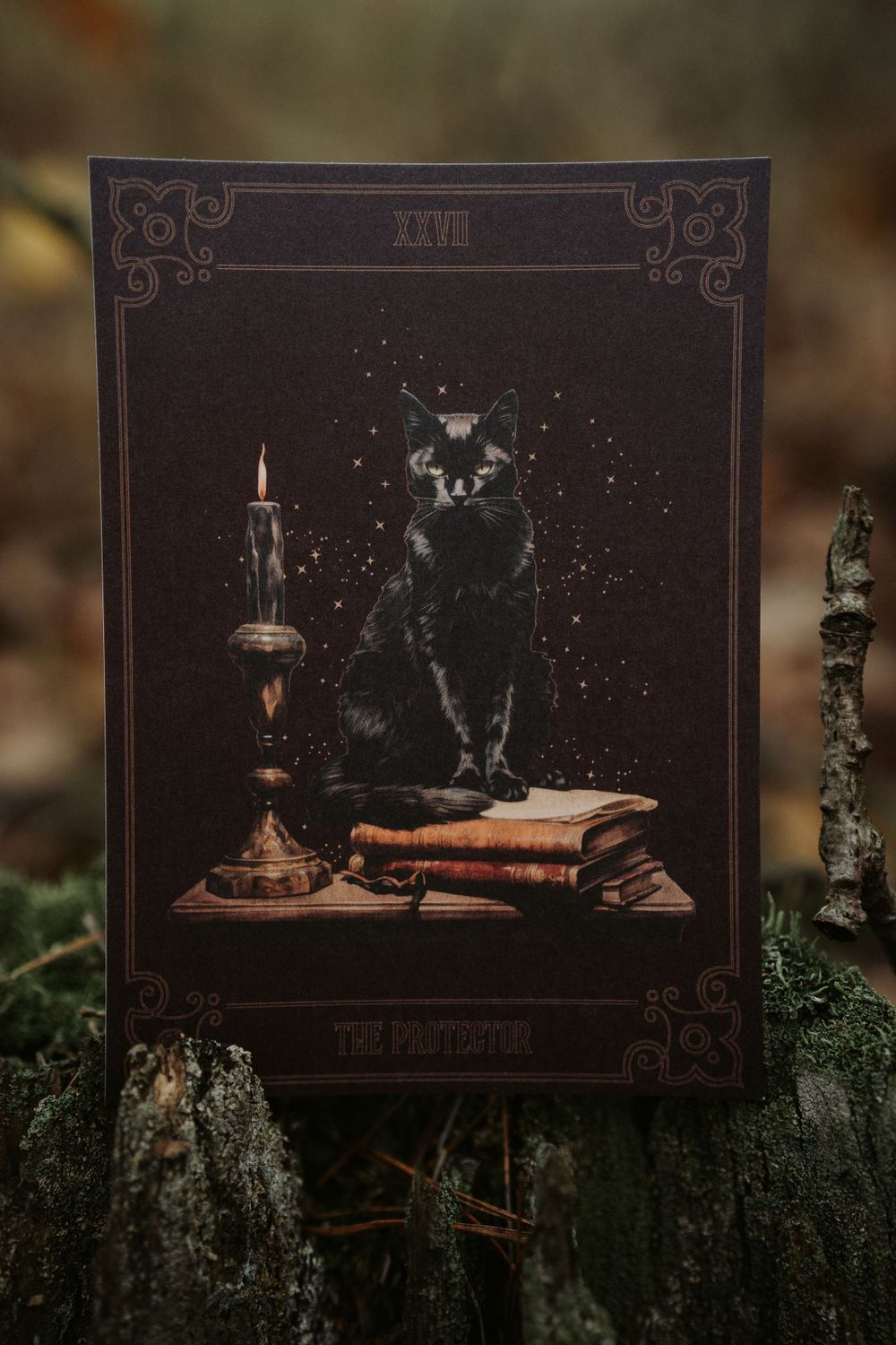 Dark vintage tarot card featuring a black cat with books and candlelight in a mystical setting.