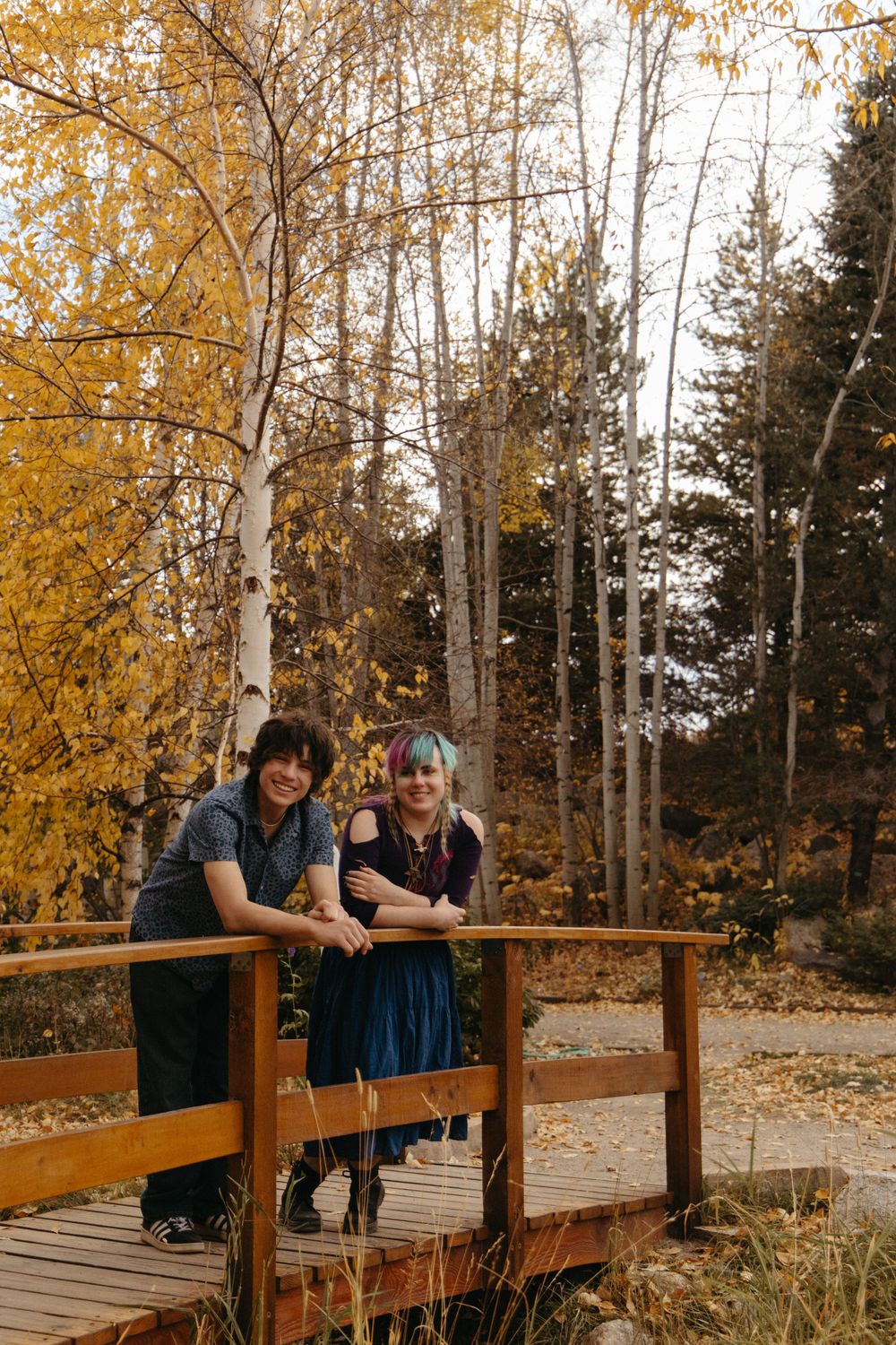 A couple poses on a wooden bridge surrounded by golden aspen trees in autumn.