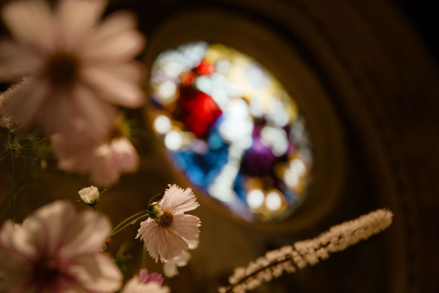 stain glass window flowers floral details photography documentary delicate design theme church wedding