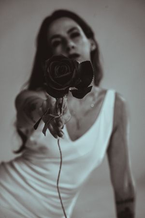 A series of moody black and white photos showing someone holding a dark rose against a light background.