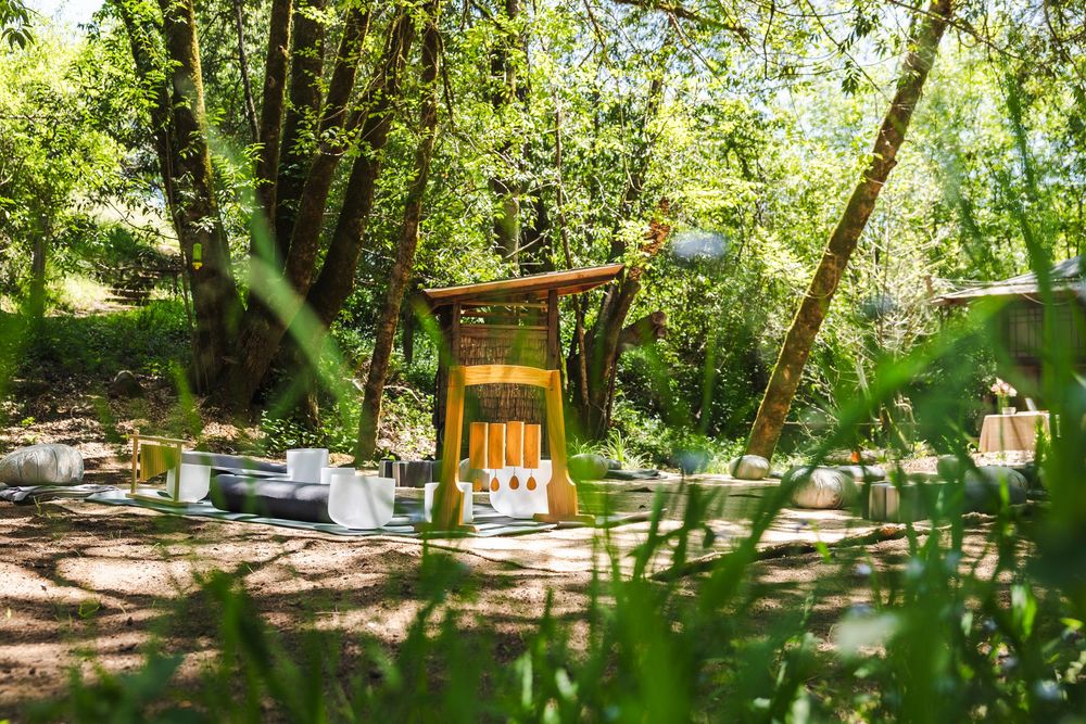 Peaceful woodland meditation area with white cushions and Japanese-style wooden structures.