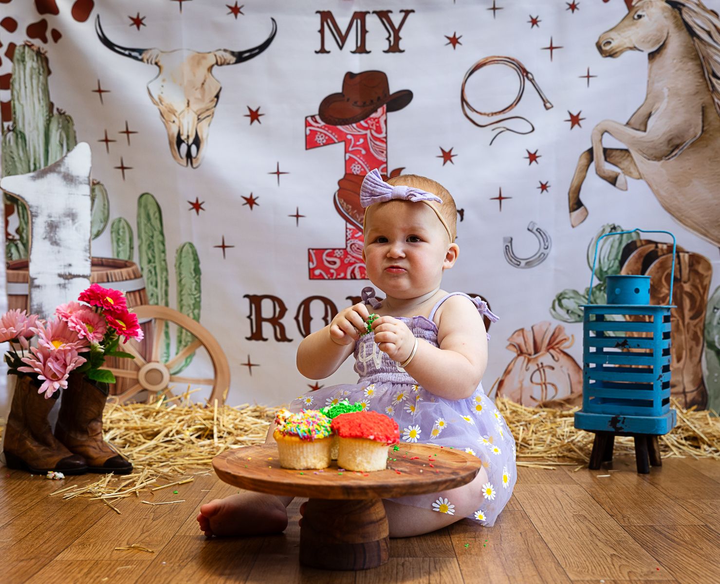 Cowgirl cake smash set for a professional cake smash photo shoot