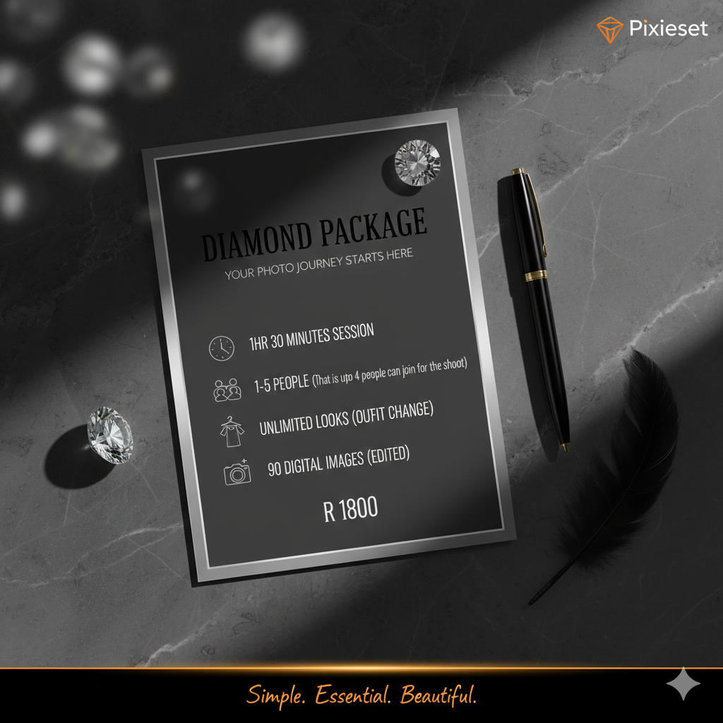 Black and white marketing image showing a Diamond Package service offer with pricing details and a luxury pen.