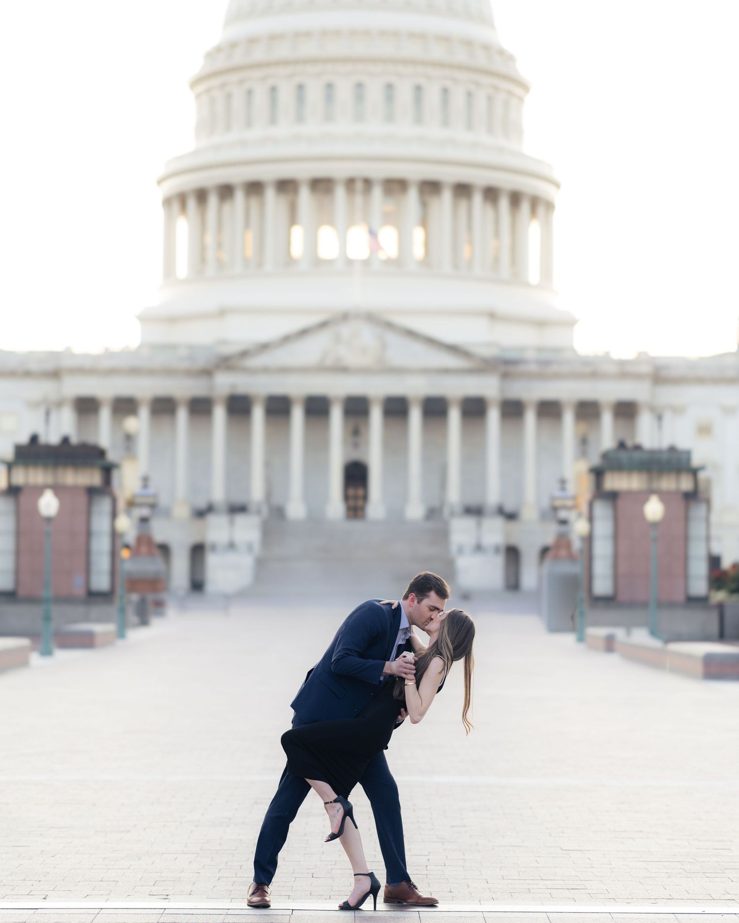 Romantic photo sequence in front of US Capitol building at sunset.