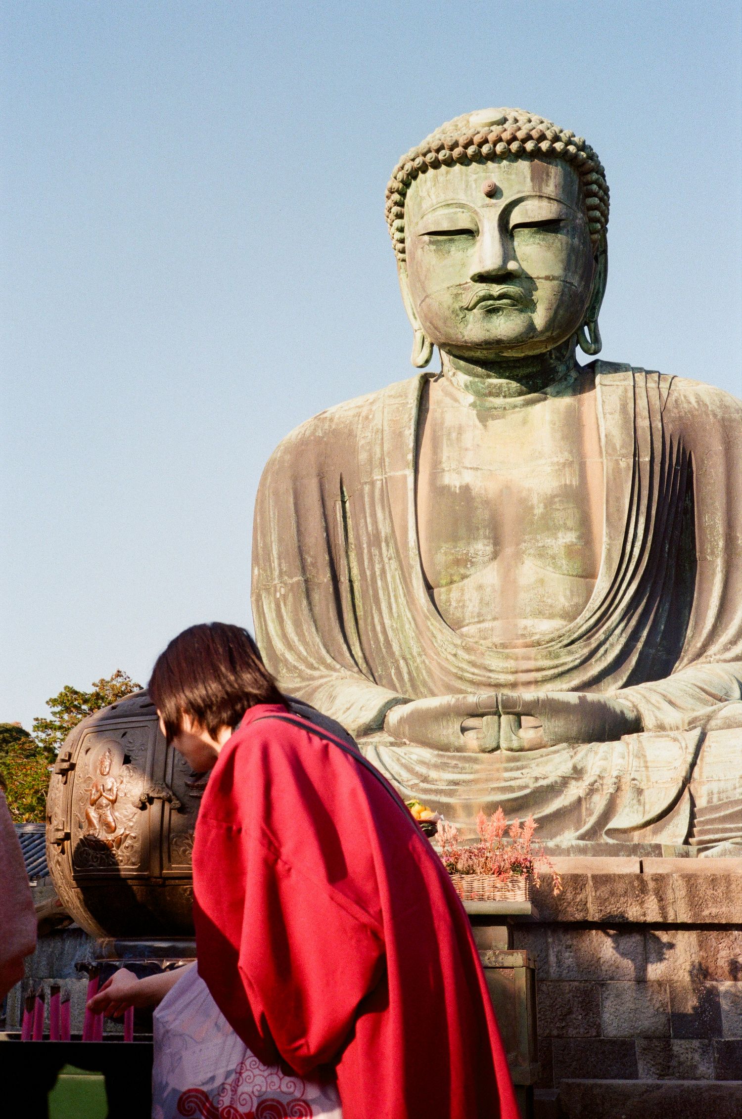 Close-up view of the Great Buddha statue at Kamakura against a blue sky with tree branches framing the scene.