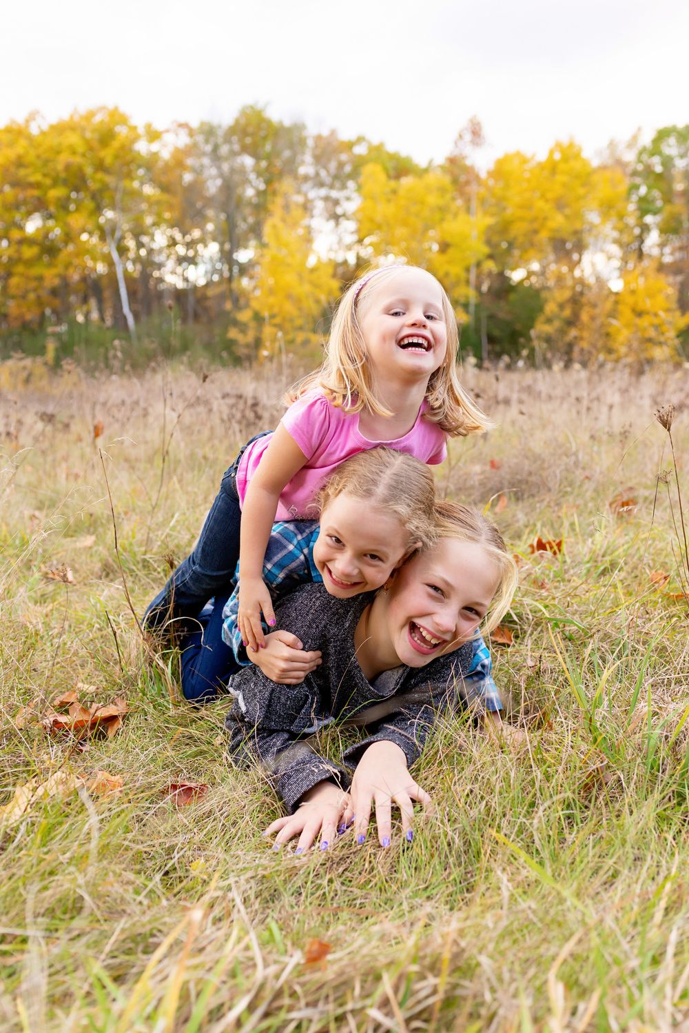 Three children playing and laughing together while laying in tall grass during autumn with golden trees in background  AT KOMOKA PROVINCIAL