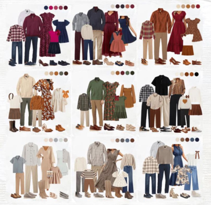Fashion mood board featuring coordinated fall outfits with neutral colors, plaid patterns, and layered clothing pieces.