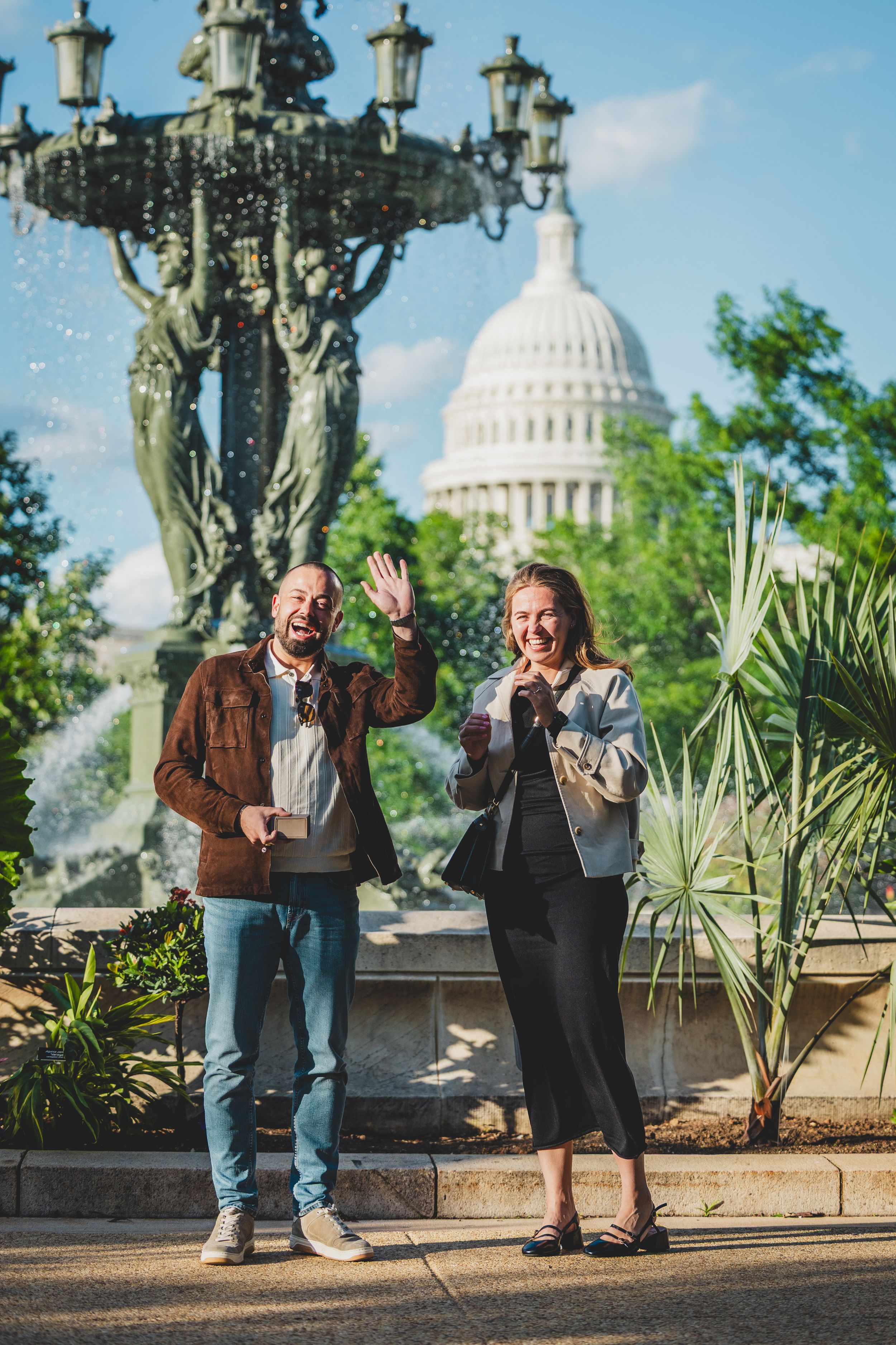 A series of candid photos showing two people laughing and posing together in front of the US Capitol building in Washington DC.