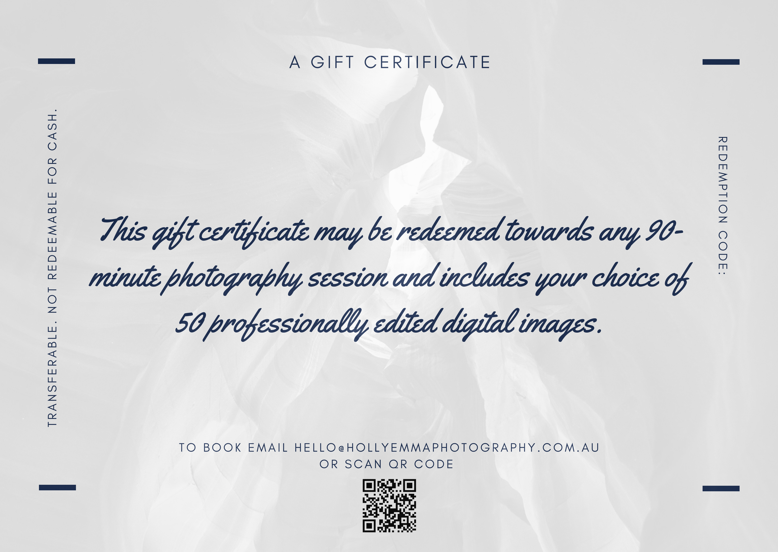 A white gift certificate with black text for photography services and digital image editing.