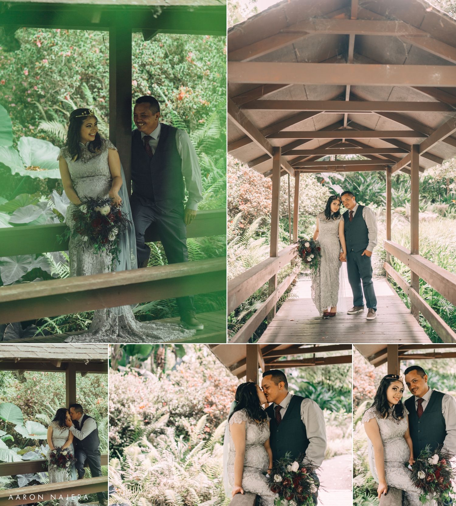 Romantic couple photos captured under wooden covered walkway surrounded by lush greenery.