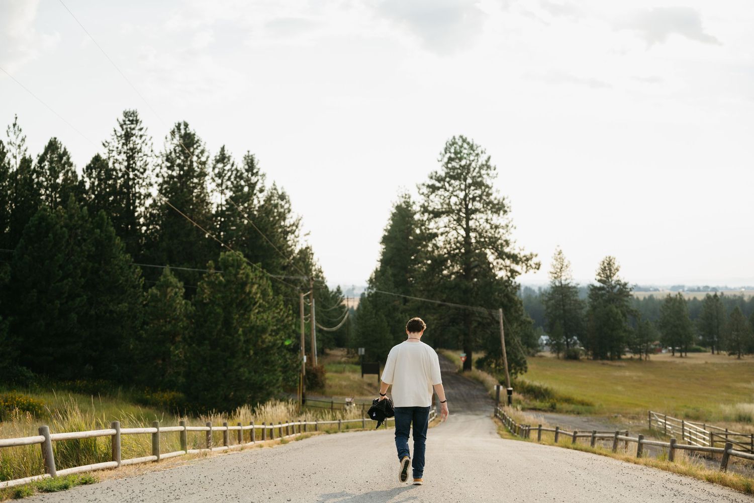 A person walks along a scenic wooden boardwalk surrounded by evergreen trees and natural landscape on a sunny day.
