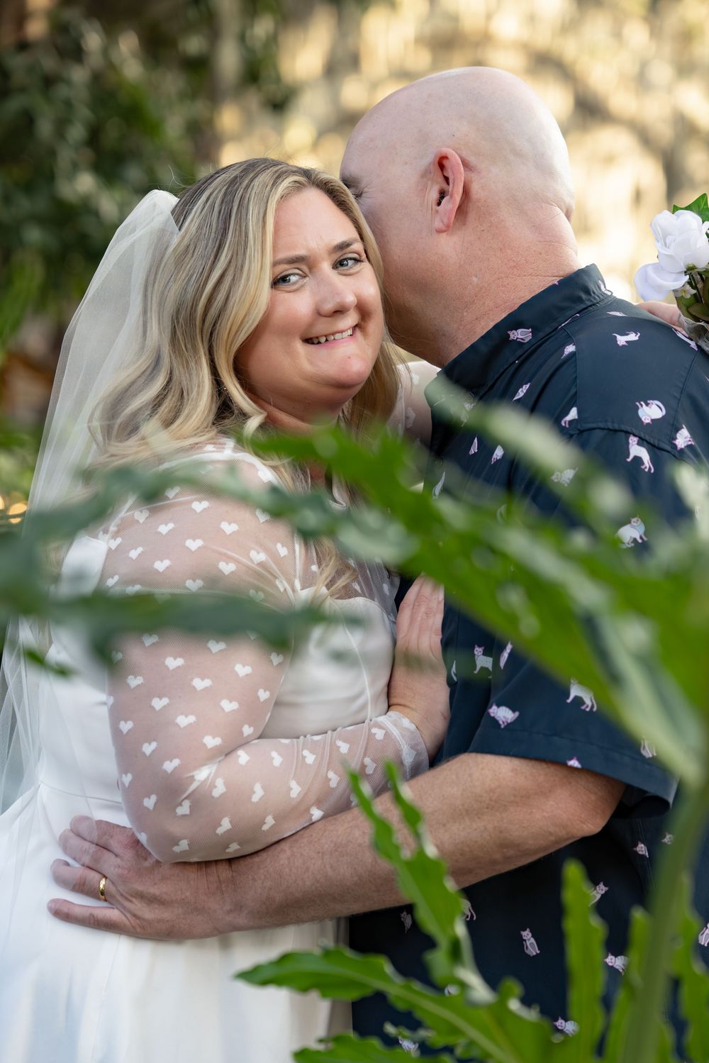 A romantic sequence of wedding photos showing a couple embracing in a garden setting with natural lighting and greenery.