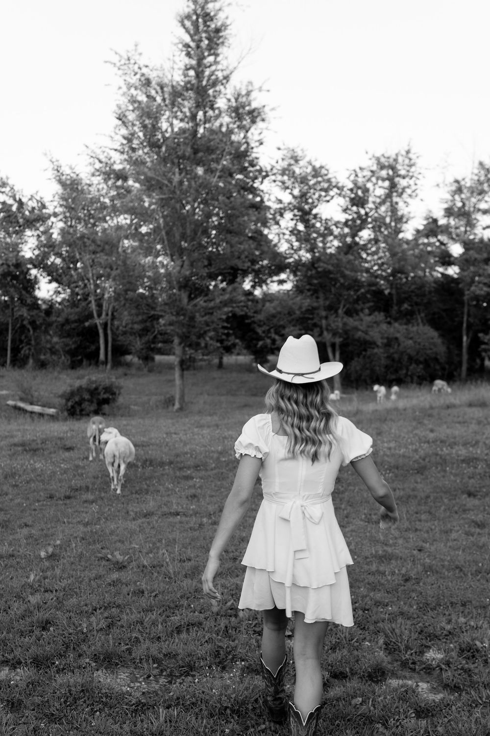 Black and white photo of woman in white dress and cowboy hat walking toward goats in pasture.
