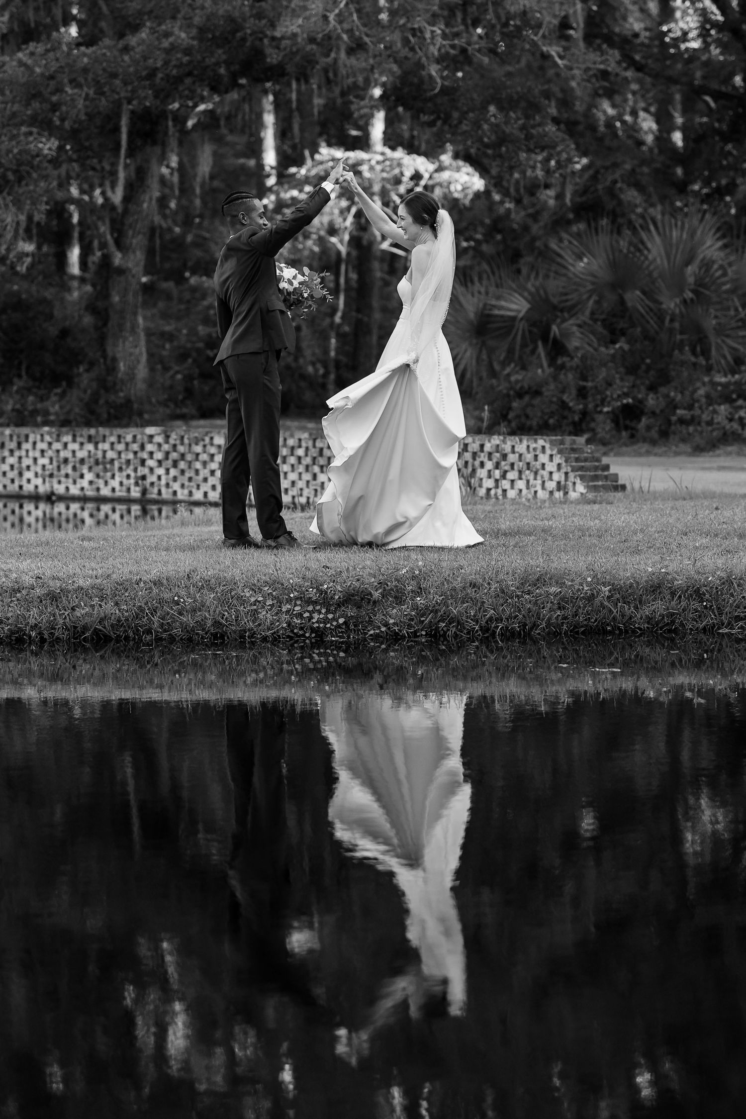 Bride and groom reflection photo