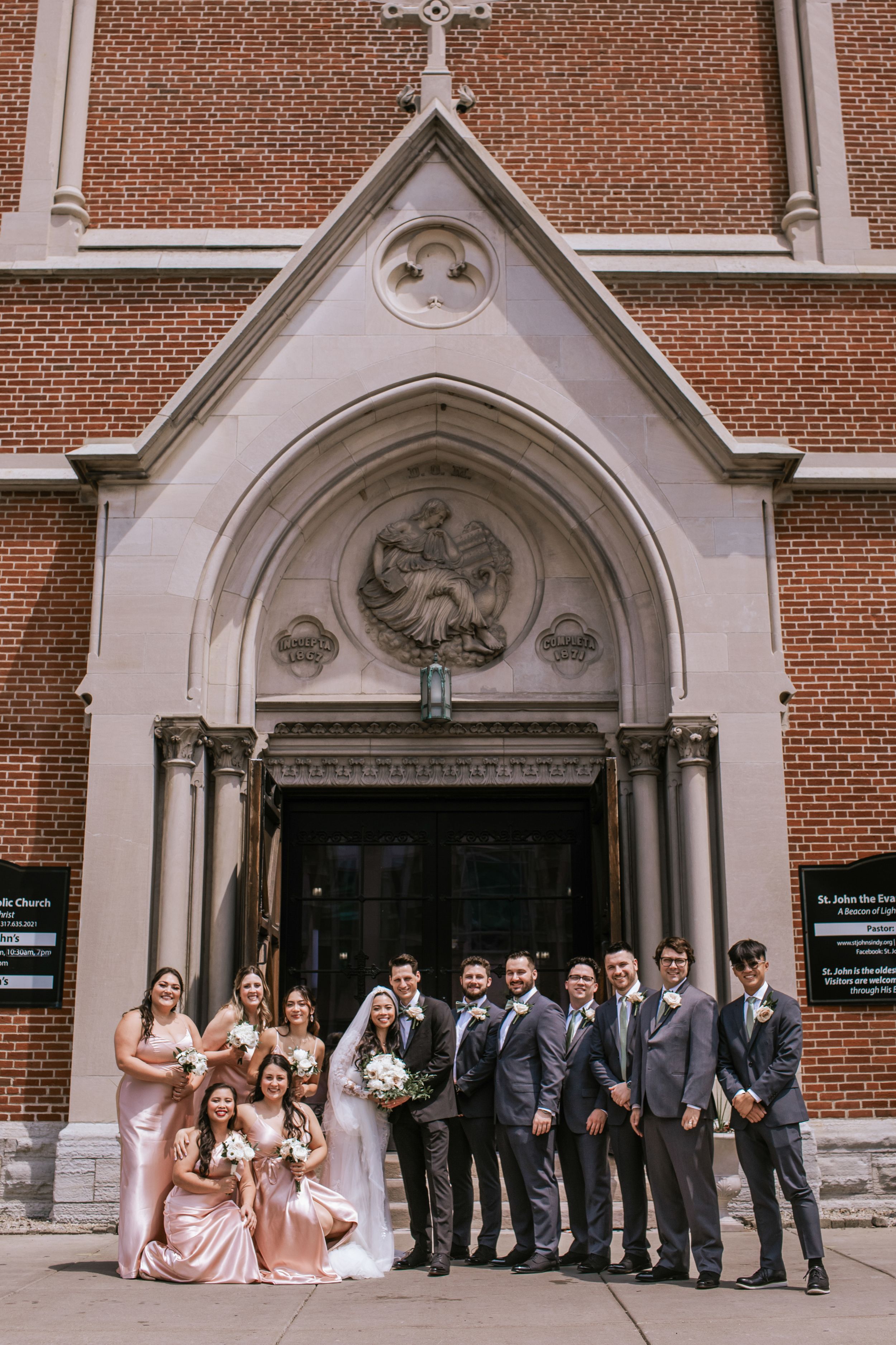 Wedding party poses outside gothic brick church entrance in three different group shots.
