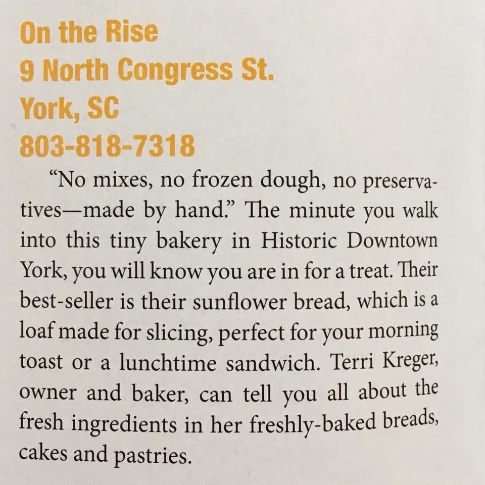 Newspaper article snippet about a bakery in York, SC featuring text about fresh baked bread and pastries.