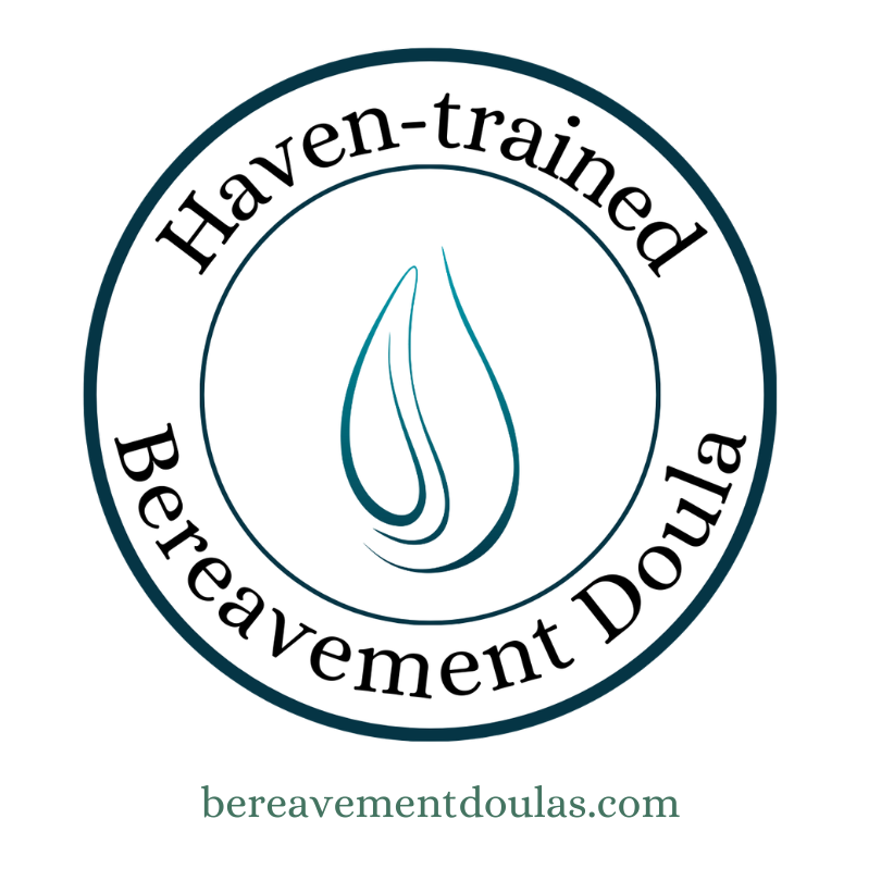 Circular logo for a Haven-trained Bereavement Doula featuring teal border and elegant flame design in teal and gray.