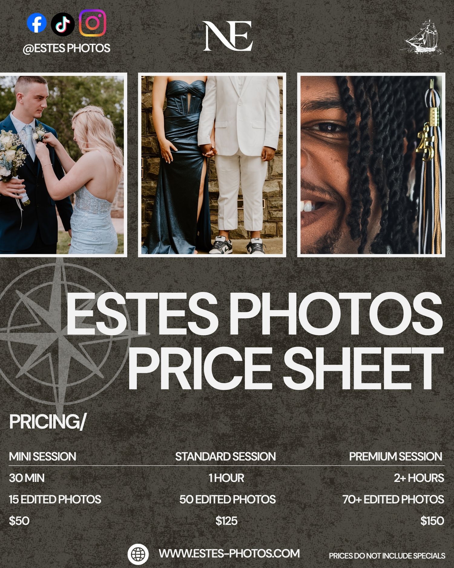 Photography pricing sheet design with three tiers showing session rates and social media icons at the top.