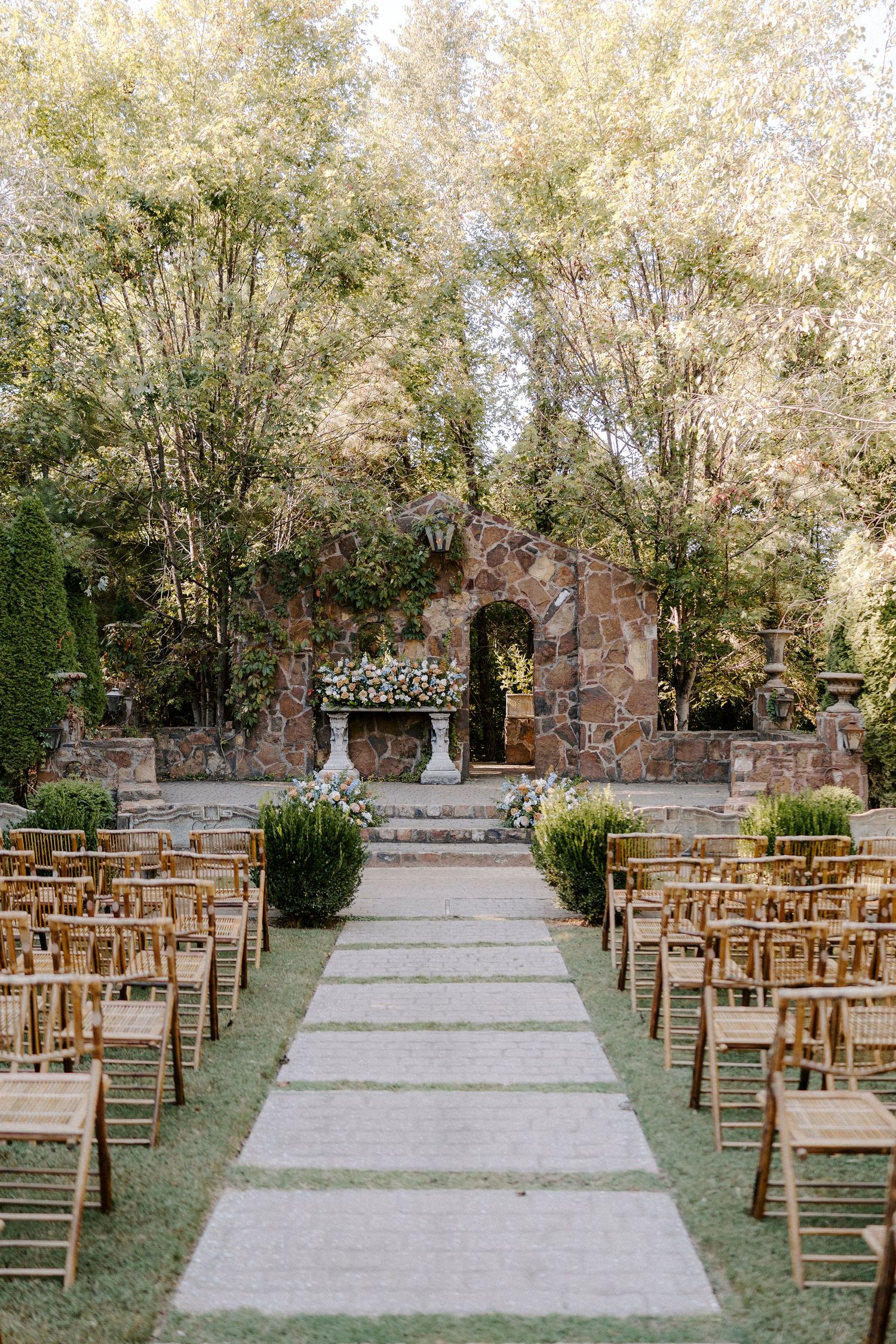 Outdoor wedding ceremony setup at Stone Chapel at Matt Lane Farm.