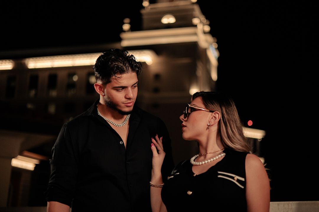 Cinematic couples photography in South Florida capturing romantic storytelling and night city atmosphere by MannyPortraits.