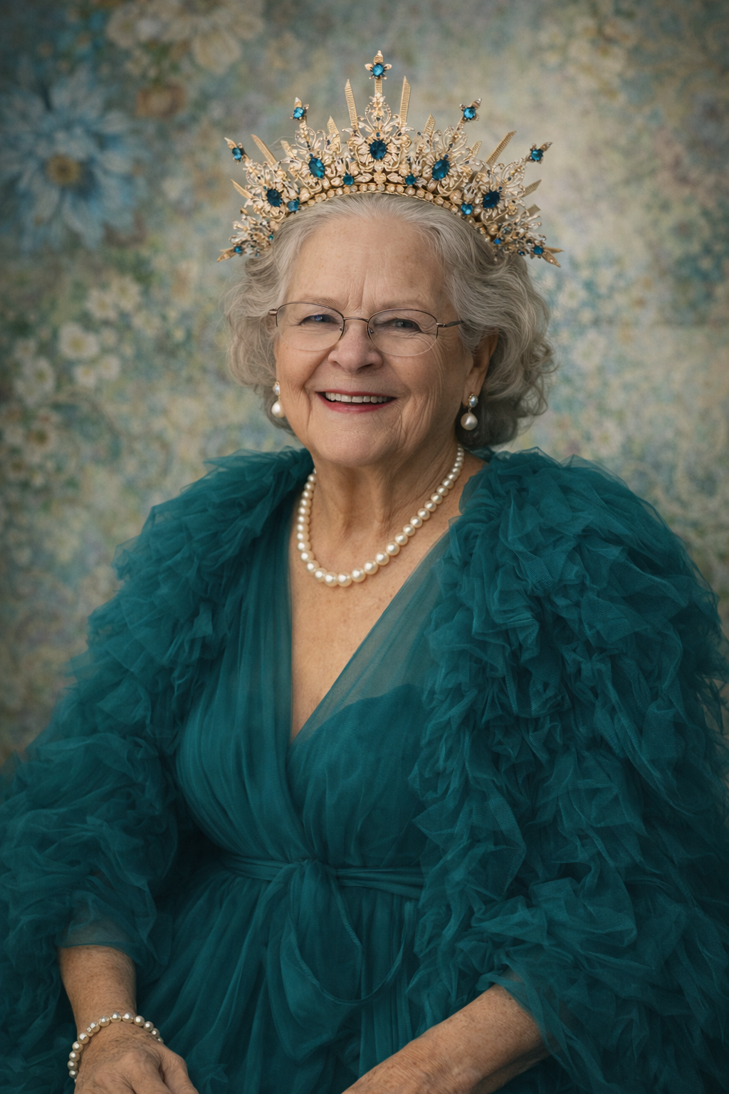 Portrait in a teal ruffled dress with pearl necklace and ornate crown against textured blue backdrop.