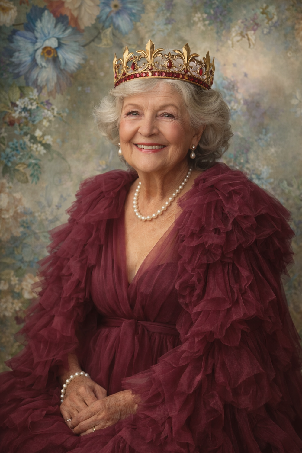 Portrait in burgundy ruffled gown with crown and pearl necklace against floral painted backdrop.