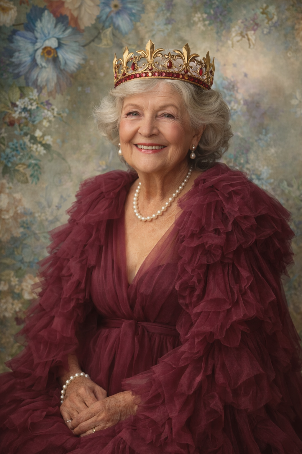 Portrait in burgundy ruffled gown with crown and pearl necklace against floral painted backdrop.