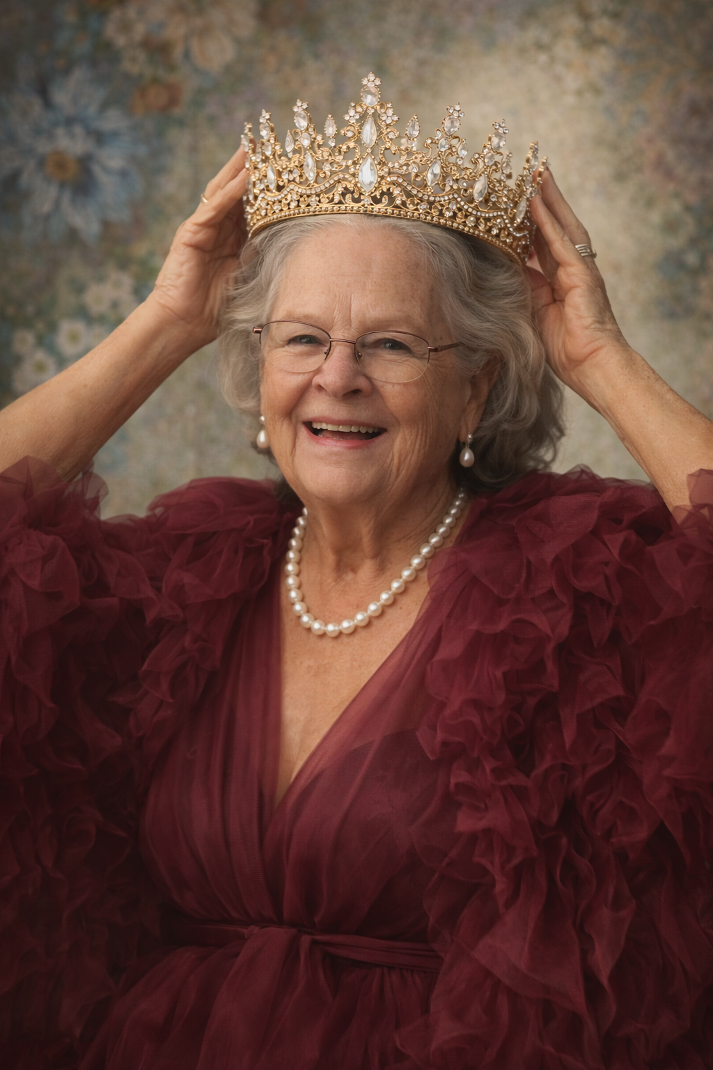 A series of photos showing someone in a burgundy ruffled dress trying on a golden crown and pearl necklace.