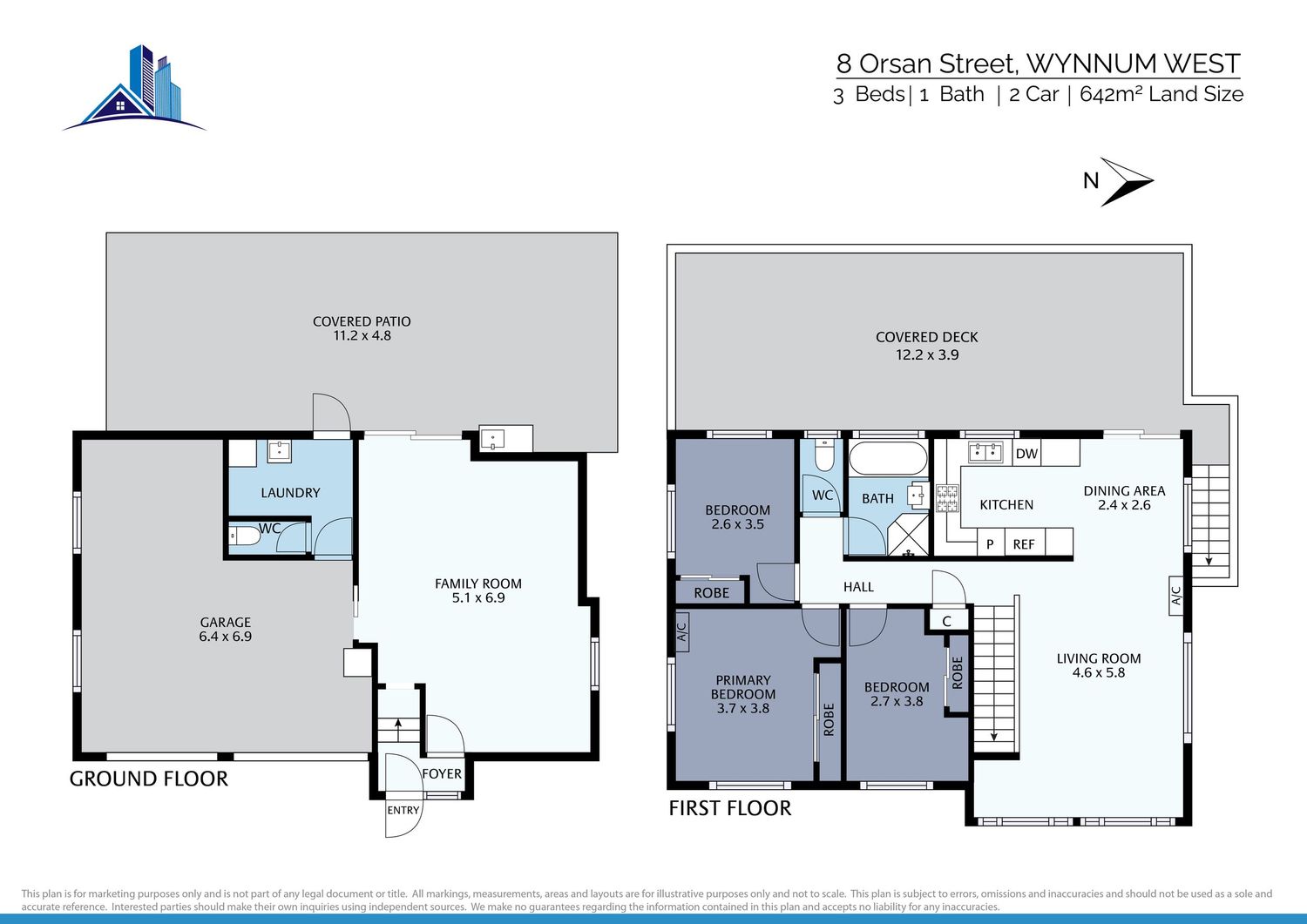 Floor plan of a 3-bed, 1-bath home at Wynnum West, showing ground and first floor layouts with 642m² land.