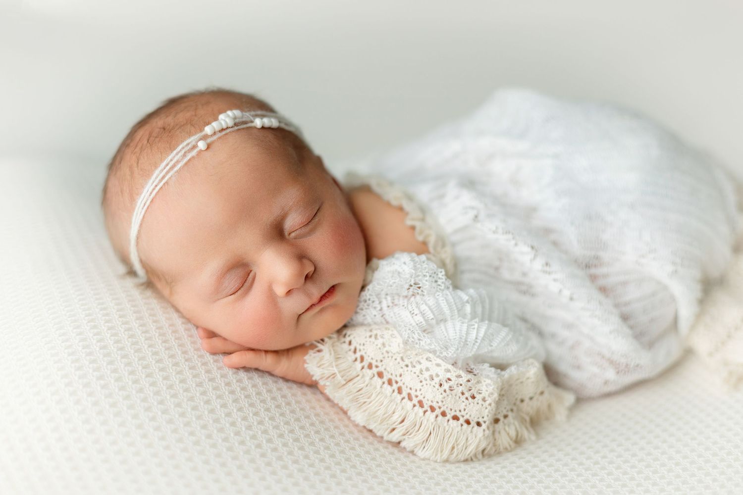 Sweet newborn wearing white dress. Greenville SC newborn photographer, Easley SC newborn photographer