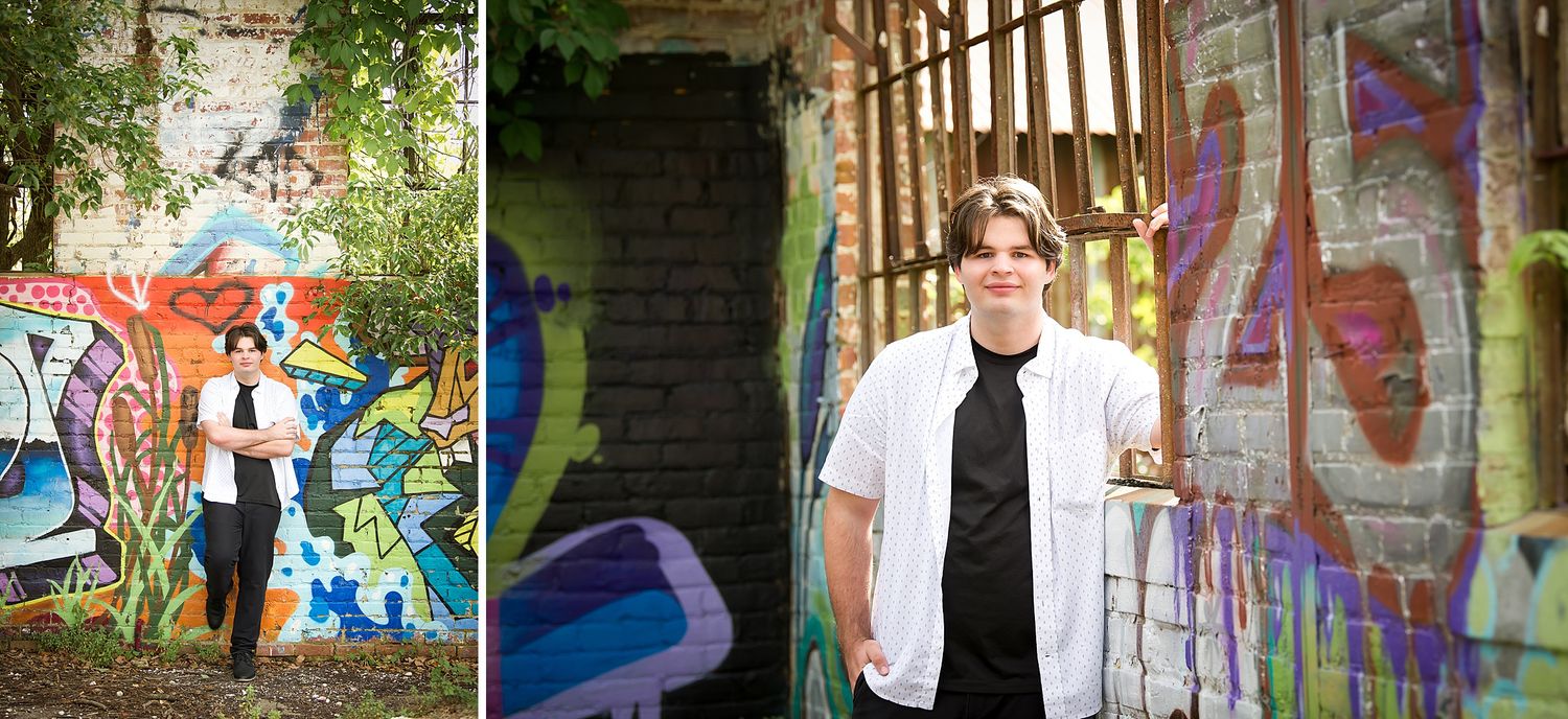 Outdoor portraits with colorful graffiti art and natural foliage backdrop.