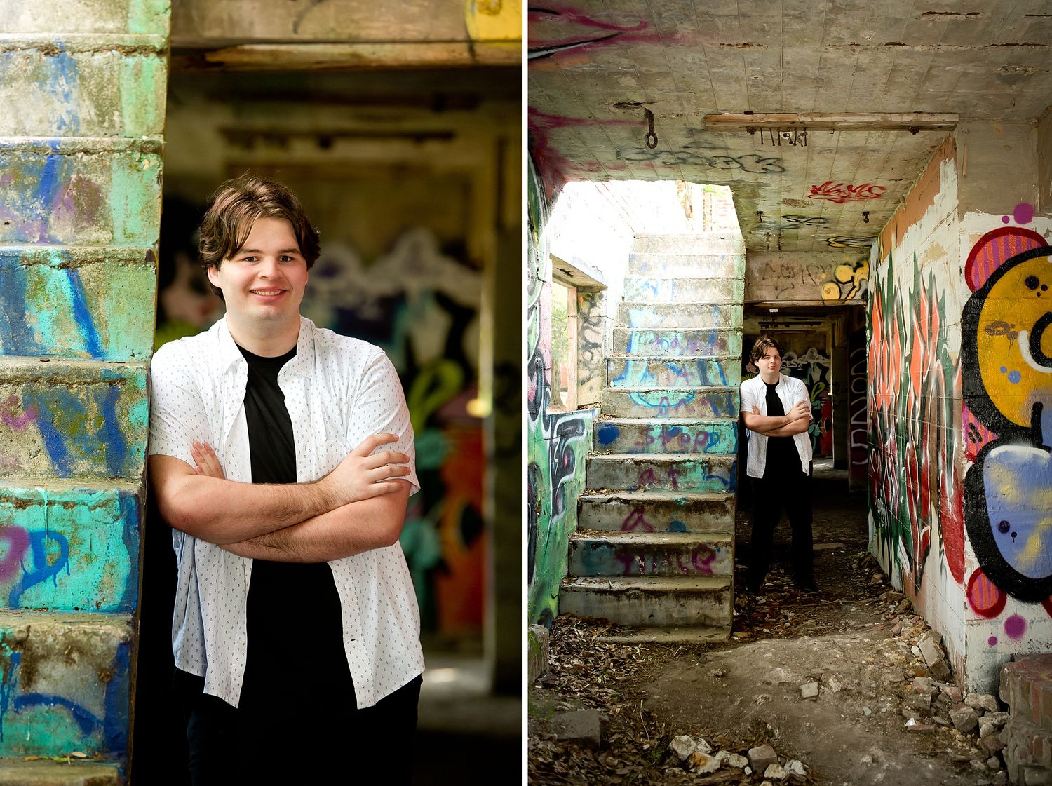 Urban portrait series combining architectural elements with colorful graffiti backgrounds.