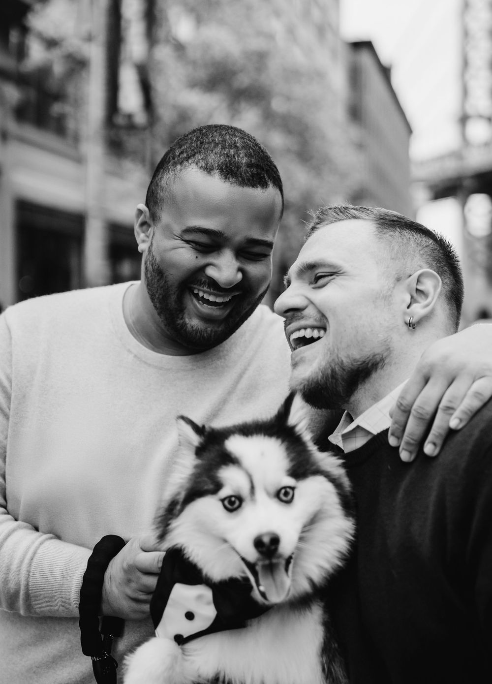 Joyful black and white photo series featuring a fluffy white Pomeranian puppy.