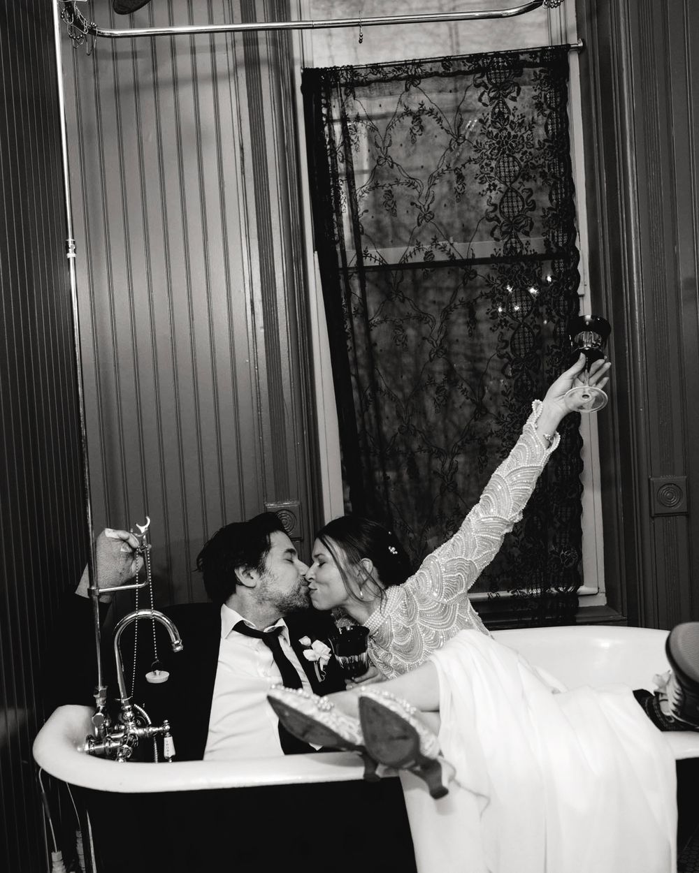 A sequence of images showing someone relaxing in a bathtub during a photo series.