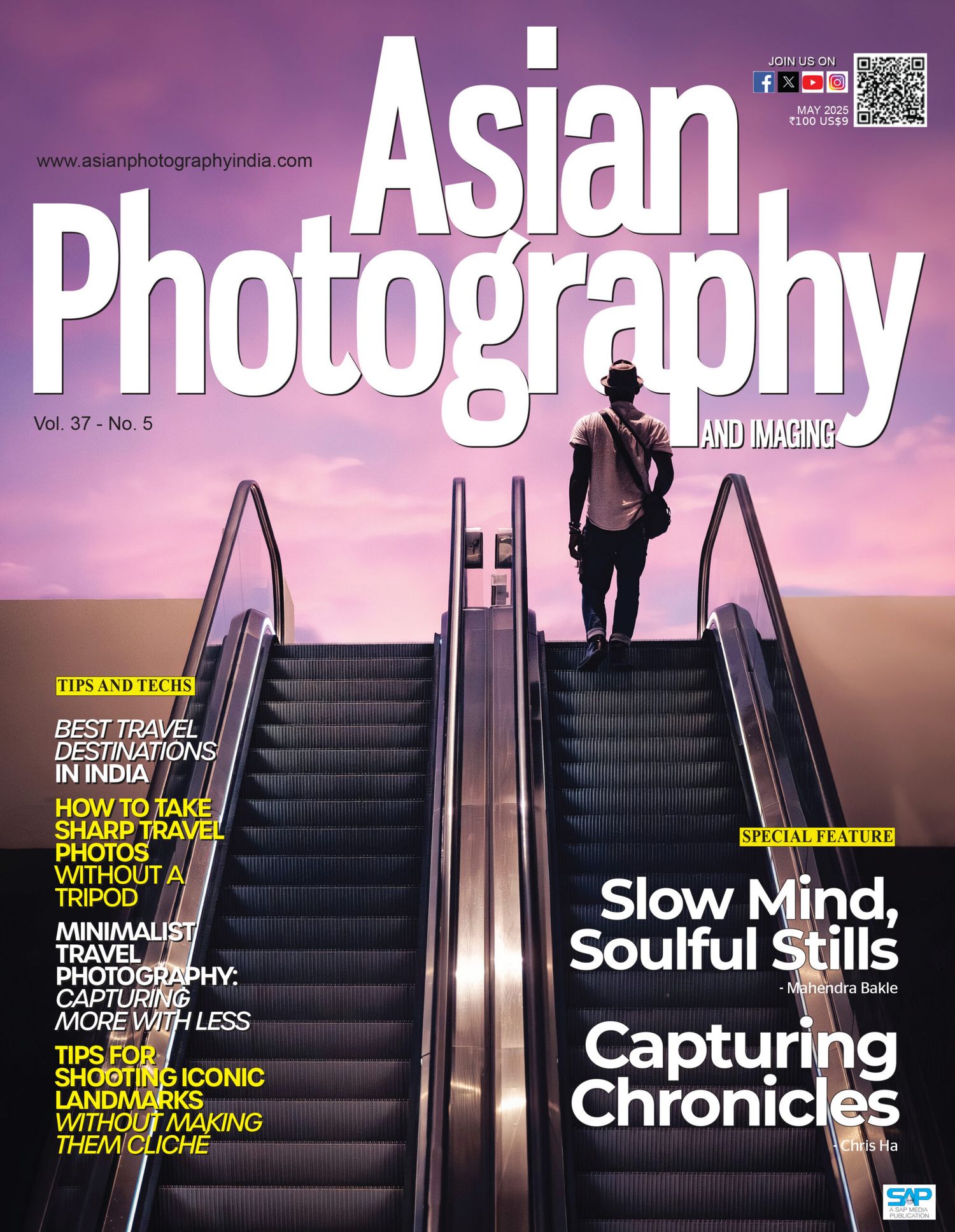 Magazine cover of Asian Photography showing a silhouetted figure on escalators against a purple sunset sky.