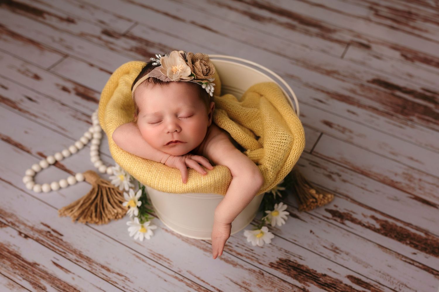 Charlottesville photographer, newborn baby girl sleeping in a bucket against a warm yellow blanket and decorated with white, Spring dasies.