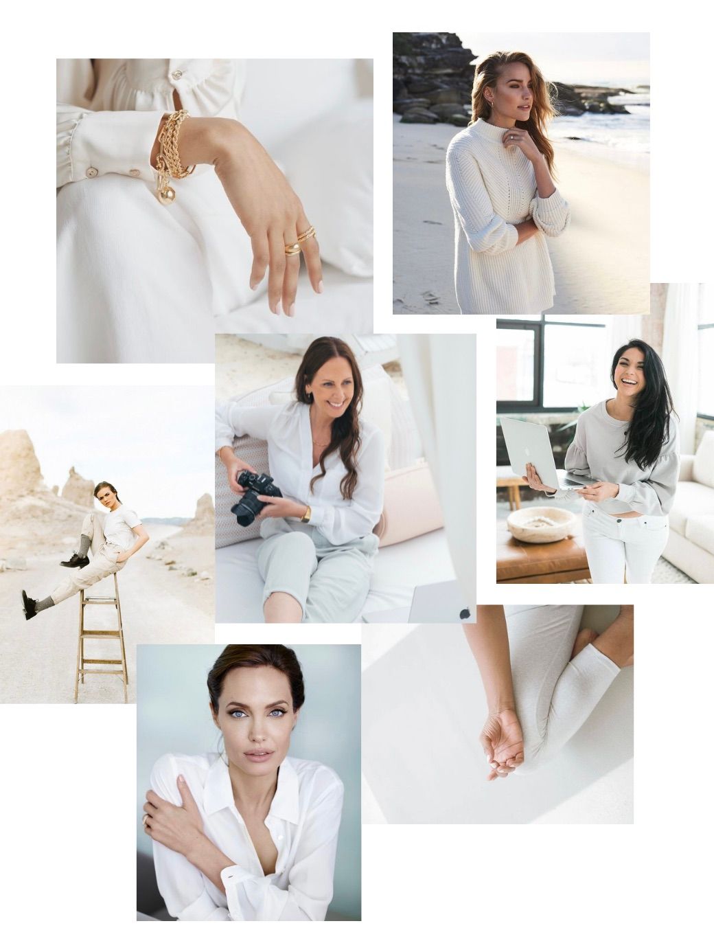 Minimalist lifestyle photo collage featuring white and beige tones with fashion and beauty elements.