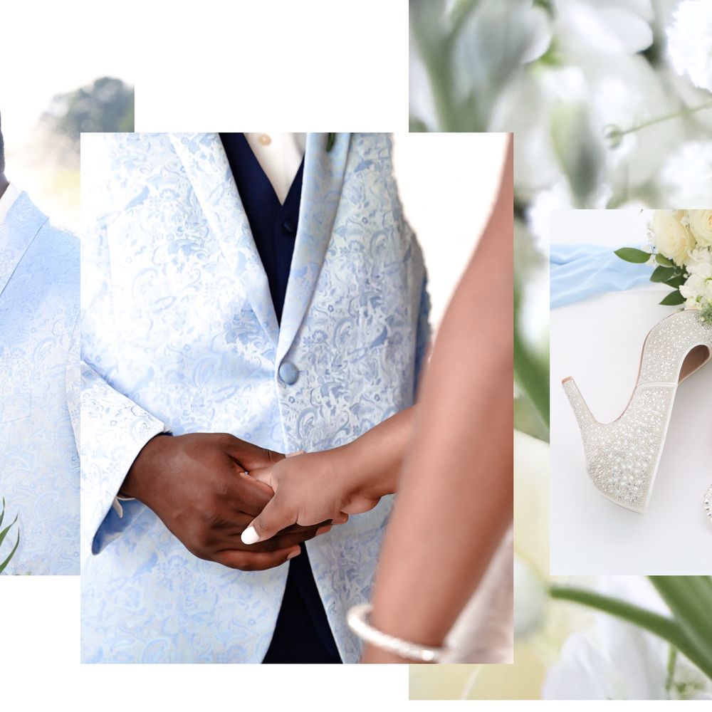 Wedding collage featuring groom in light blue floral suit holding bride's hand with floral details.