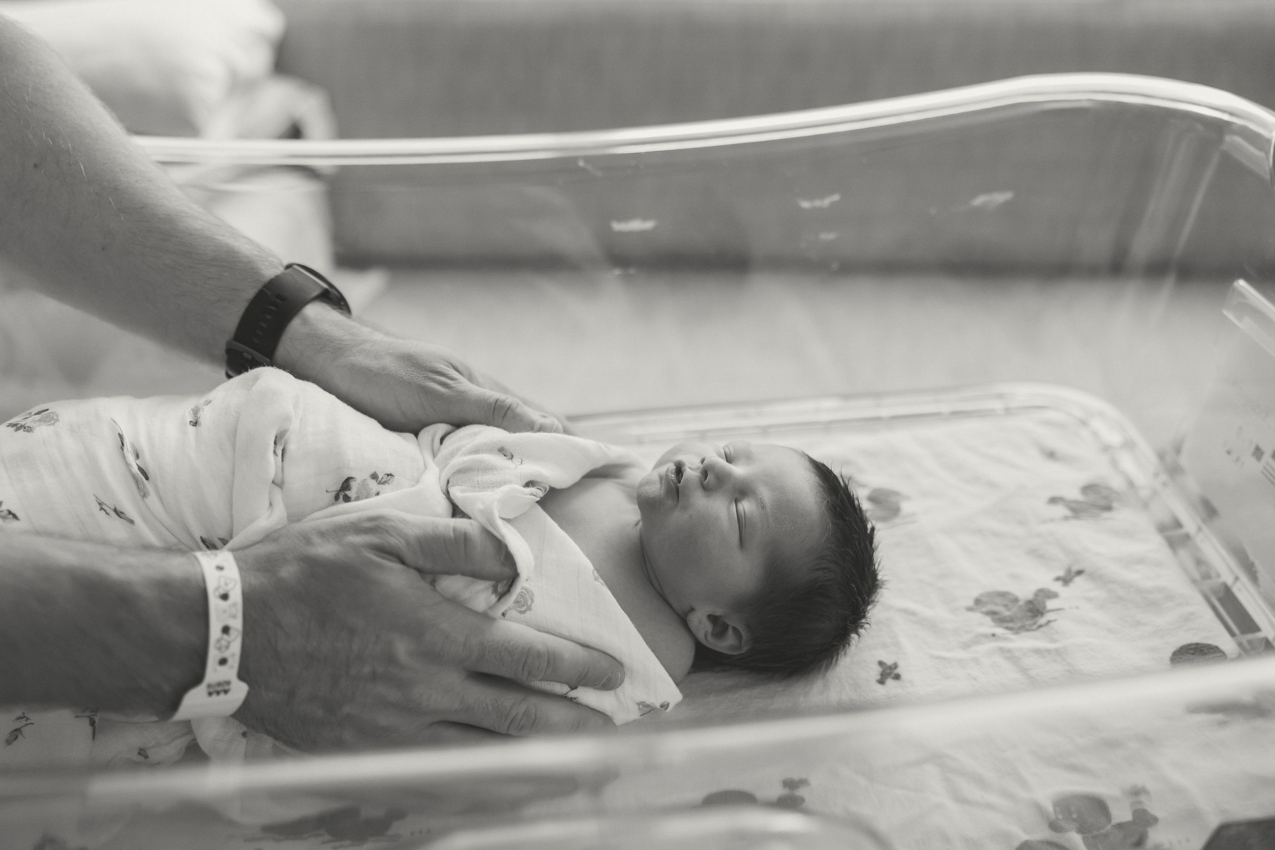 Black and white photo of a newborn baby lying in a hospital incubator with a parent's hand gently touching them.