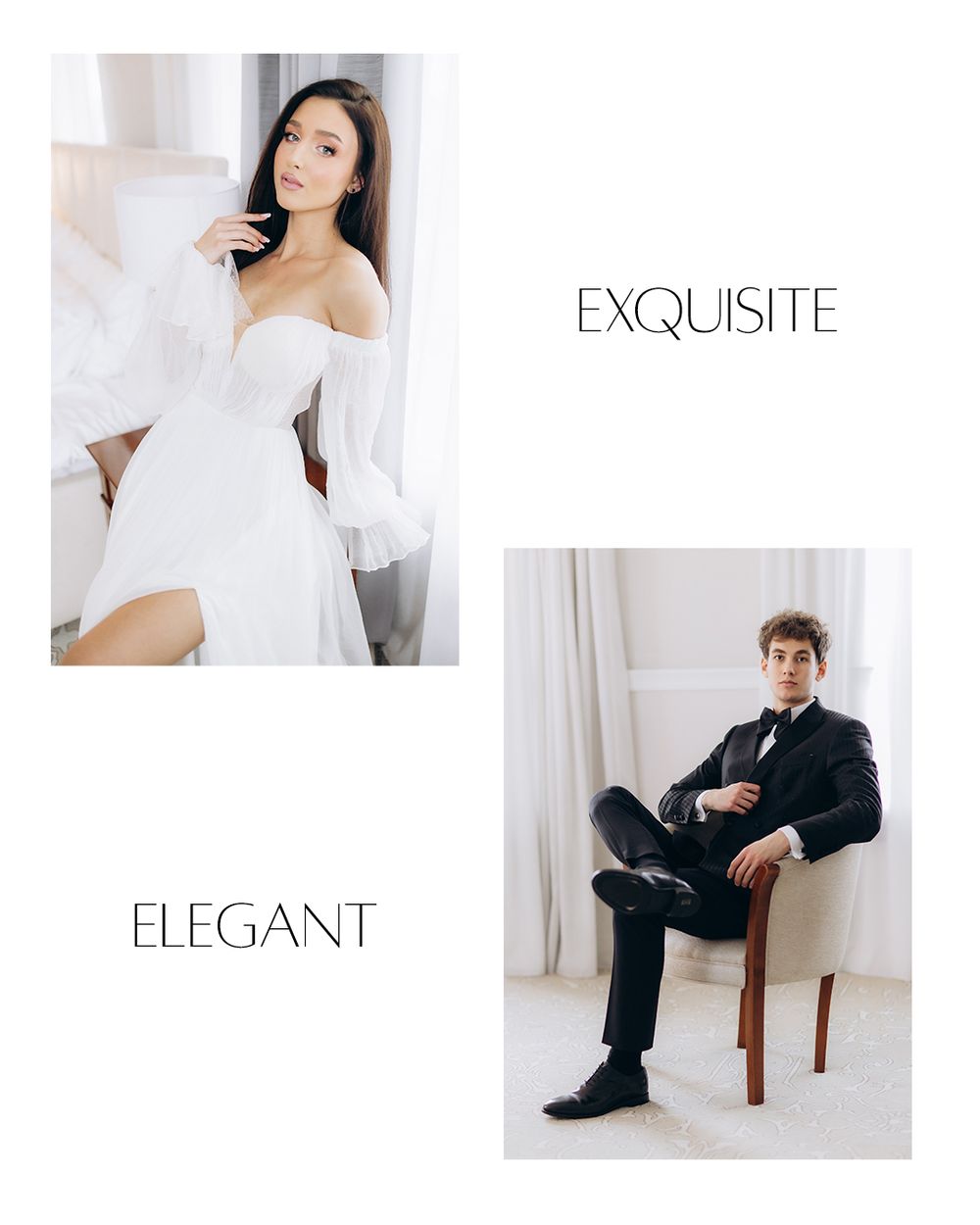 Side-by-side fashion editorial photos showing ethereal white dress and formal black suit styling in a minimalist setting.