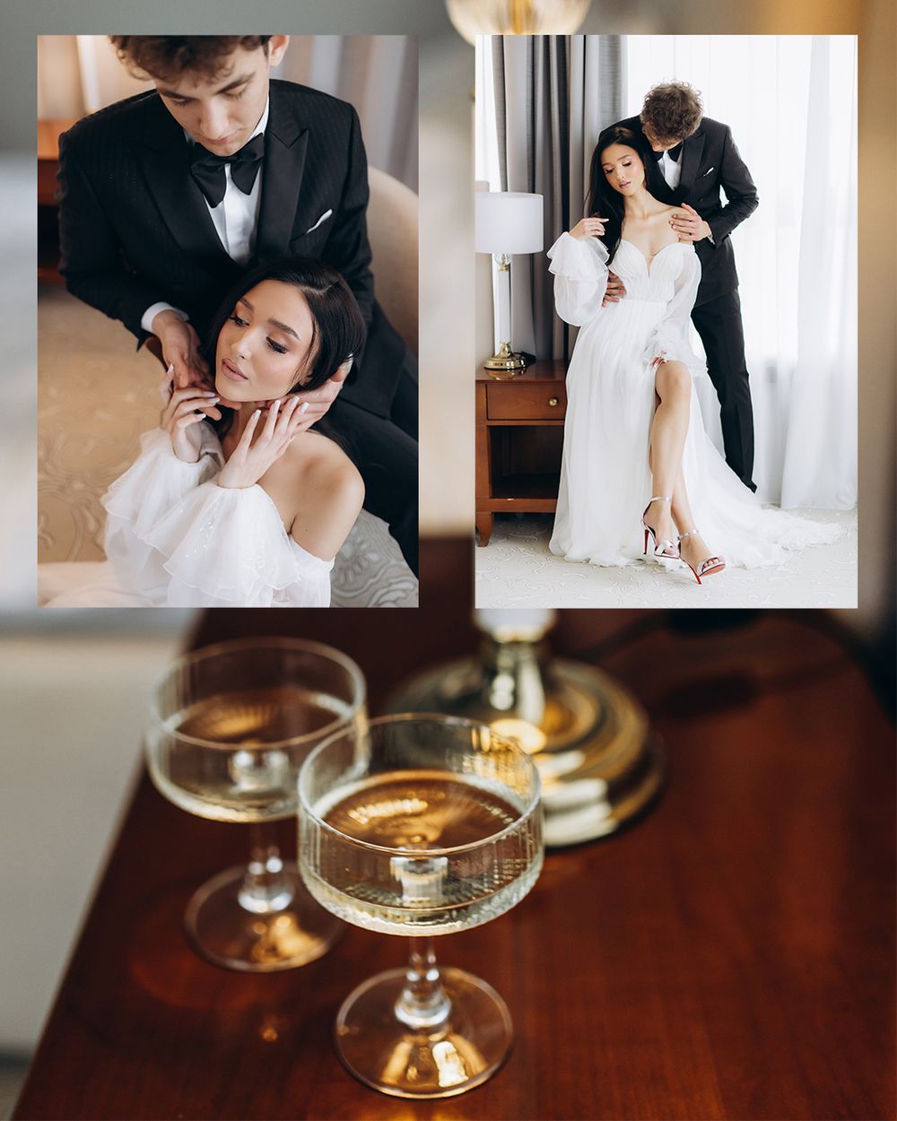 Elegant newlyweds in formal attire share intimate moments in bridal photos alongside champagne glasses on wooden table.