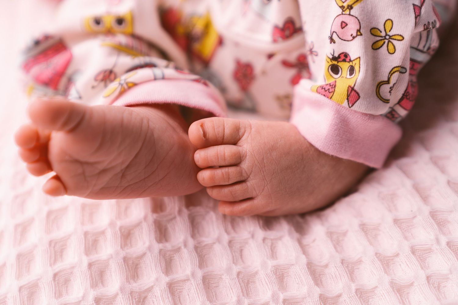 Close-up view of tiny baby hands and fingers against a pink textured background.