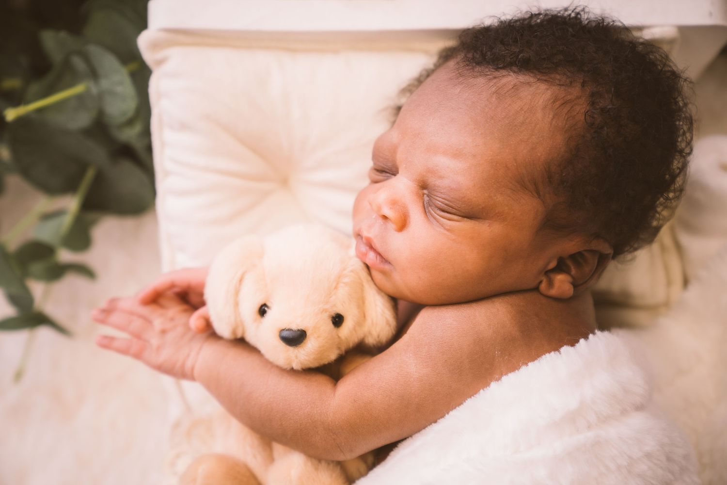 Peaceful sleeping baby with teddy bear beside green plants.
