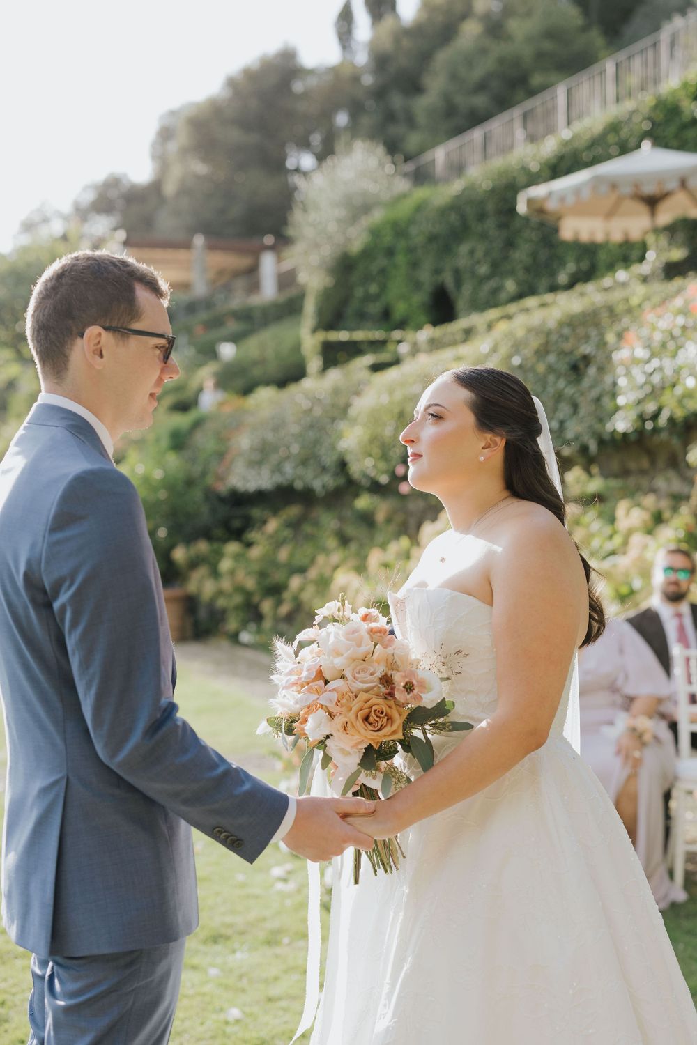 Romantic sunset portraits of the newlyweds in the Tuscan hills near Fiesole.